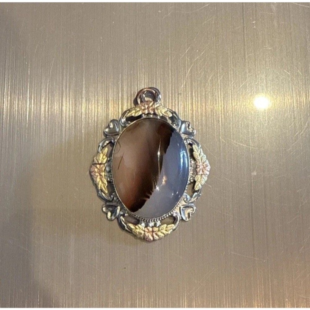 Vintage Black Hills Gold Montana Agate Pendant Necklace Estate